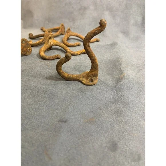 6 Antique Vintage Rustic Cast Wrought Iron Wall COAT HOOKS Hardware 3" RUSTY - Picture 3 of 11